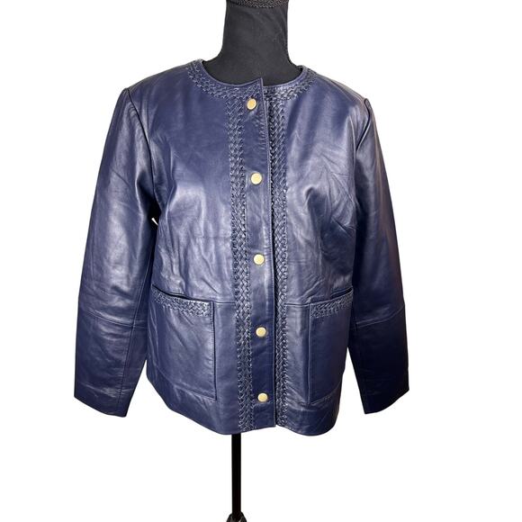 QVC Susan Graver Genuine Leather Jacket w/ Braided Trim NWOT NAVY SIZE 12 - Picture 4 of 9